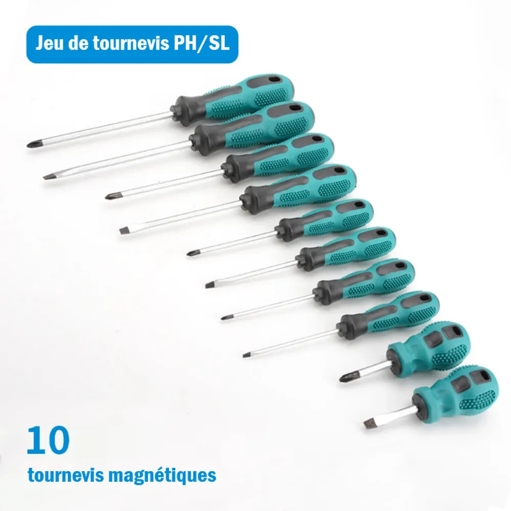 Jeu de 10 tournevis magnétiques cruciformes et plats
