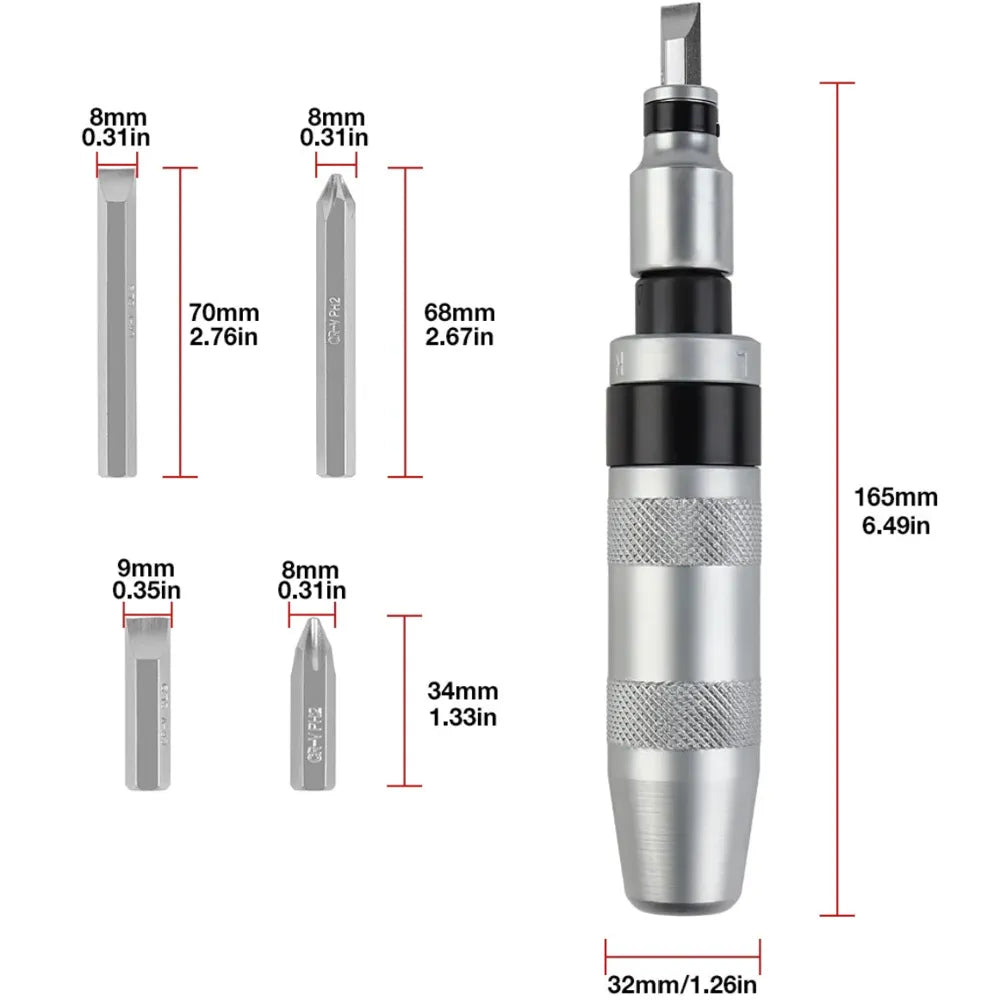 Guide des dimensions du tournevis à frapper 7 pièces avec embouts plats et cruciformes